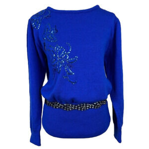VINTAGE Beaded Blue Sweater and Rhinestone Belt Size M
